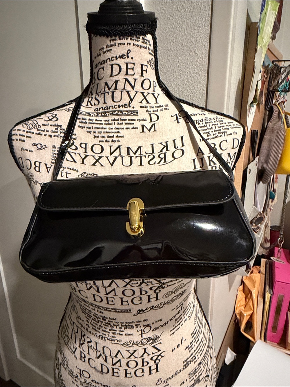 Black Patent Shoulder Bag with Gold Turn-Lock